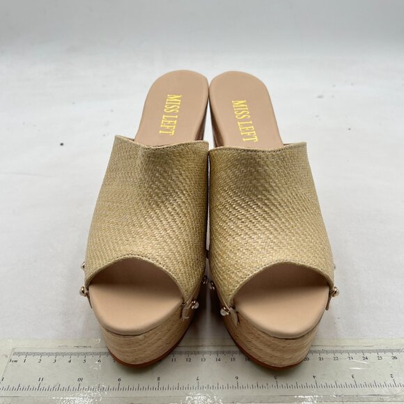miss left Beige Platform Chunky High Heel Mules Open Toe Studded Slide Sandals - Picture 3 of 8